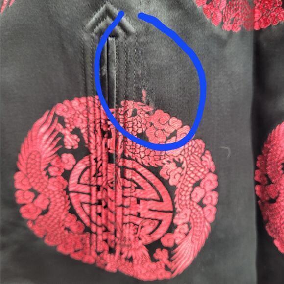 Vintage Cheongsam Black Red Embroidered Bell Sleeve Toggle Reversible Jacket - Picture 11 of 16